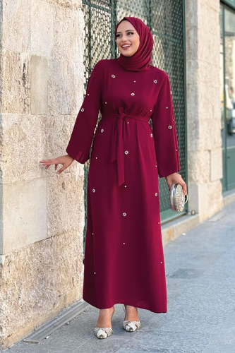 Taş Detaylı Bel Kuşaklı Elbise 3797 Bordo - 7