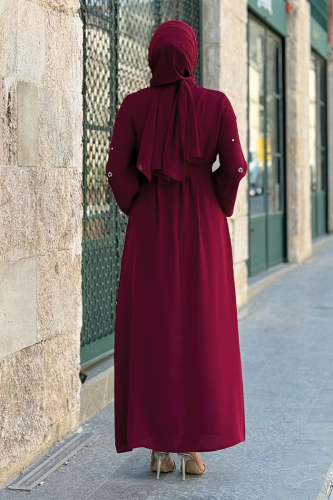 Taş Detaylı Bel Kuşaklı Elbise 3797 Bordo - 8