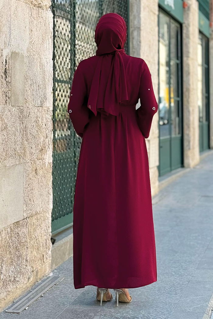 Taş Detaylı Bel Kuşaklı Elbise 3797 Bordo - 8
