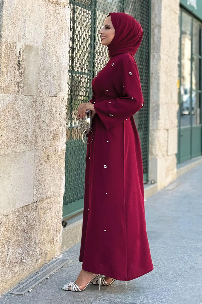 Taş Detaylı Bel Kuşaklı Elbise 3797 Bordo - 9