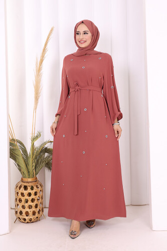 Taş Detaylı Bel Kuşaklı Elbise 3797 Gül Kurusu 
