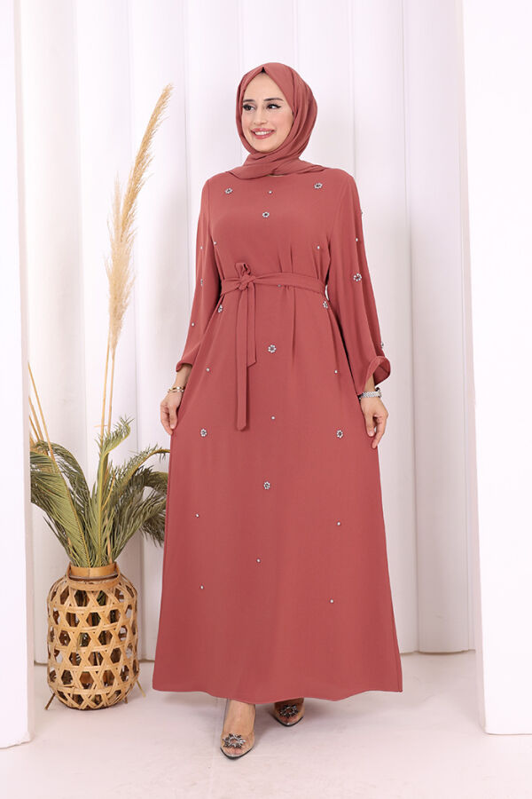 Taş Detaylı Bel Kuşaklı Elbise 3797 Gül Kurusu - 1