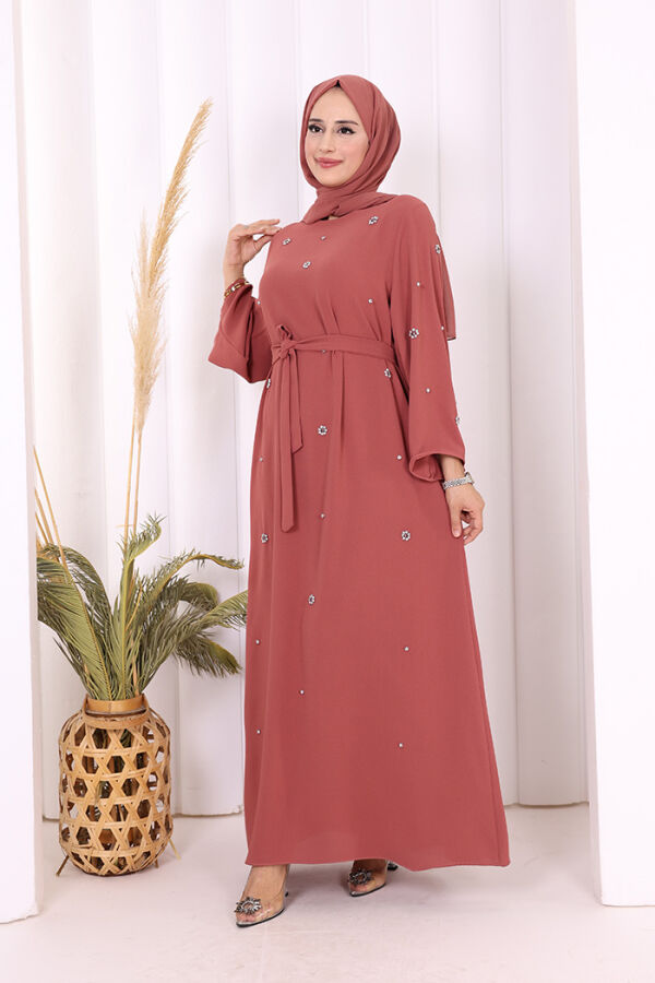 Taş Detaylı Bel Kuşaklı Elbise 3797 Gül Kurusu - 2