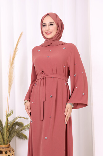 Taş Detaylı Bel Kuşaklı Elbise 3797 Gül Kurusu - 3