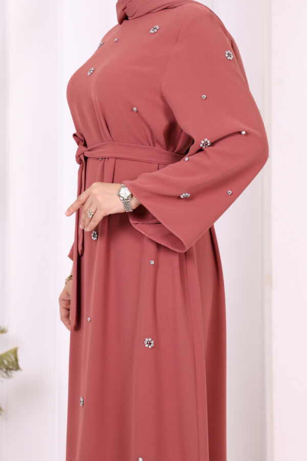 Taş Detaylı Bel Kuşaklı Elbise 3797 Gül Kurusu - 4