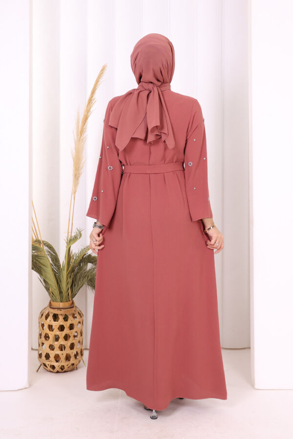 Taş Detaylı Bel Kuşaklı Elbise 3797 Gül Kurusu - 5