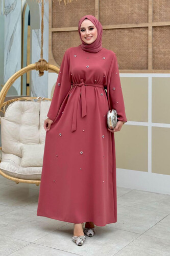 Taş Detaylı Bel Kuşaklı Elbise 3797 Gül Kurusu - 6