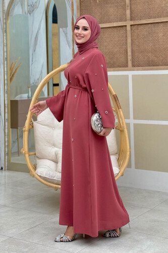 Taş Detaylı Bel Kuşaklı Elbise 3797 Gül Kurusu - 7