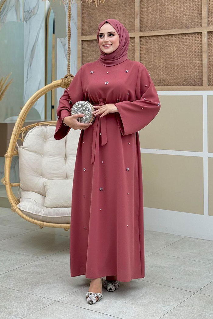 Taş Detaylı Bel Kuşaklı Elbise 3797 Gül Kurusu - 8