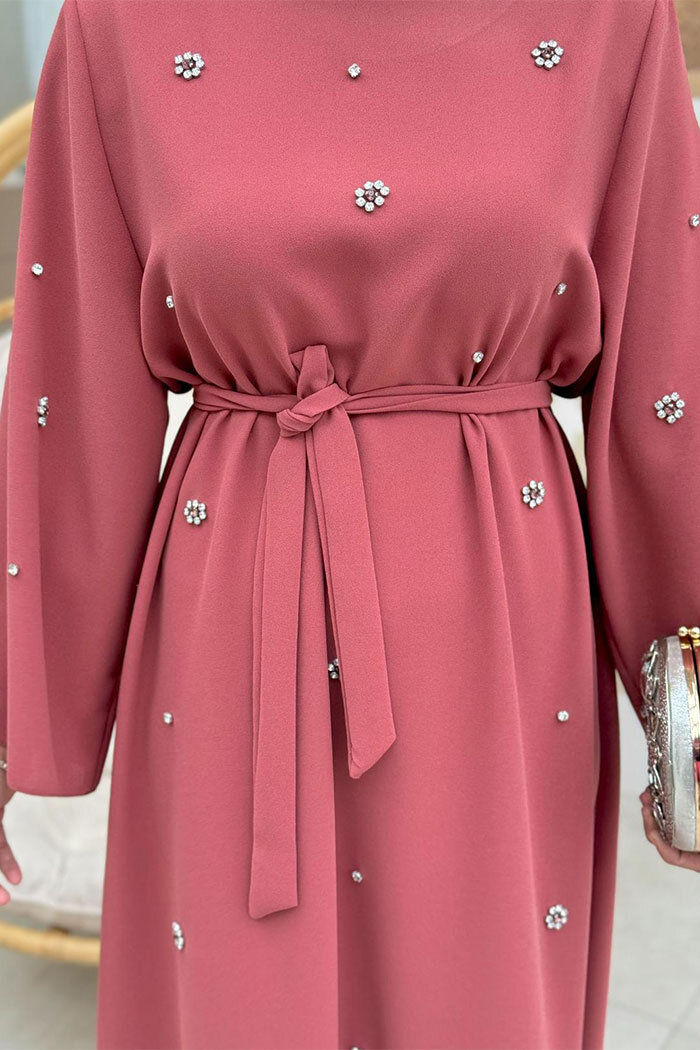 Taş Detaylı Bel Kuşaklı Elbise 3797 Gül Kurusu - 9