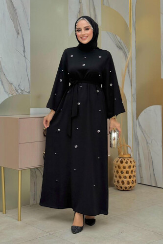 Taş Detaylı Bel Kuşaklı Elbise 3797 Siyah - Bym Fashion