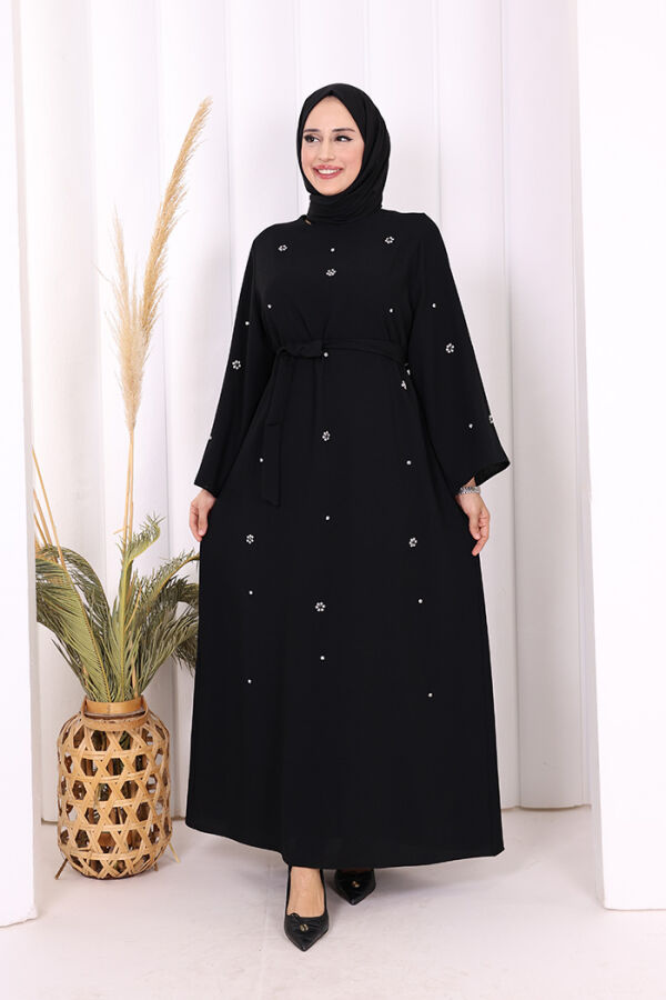 Taş Detaylı Bel Kuşaklı Elbise 3797 Siyah - 1