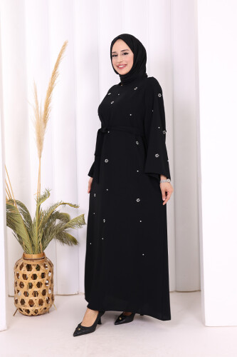 Taş Detaylı Bel Kuşaklı Elbise 3797 Siyah - 2
