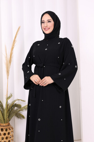 Taş Detaylı Bel Kuşaklı Elbise 3797 Siyah - 3