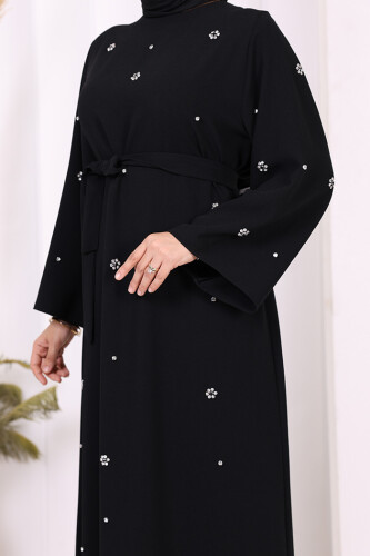 Taş Detaylı Bel Kuşaklı Elbise 3797 Siyah - 4