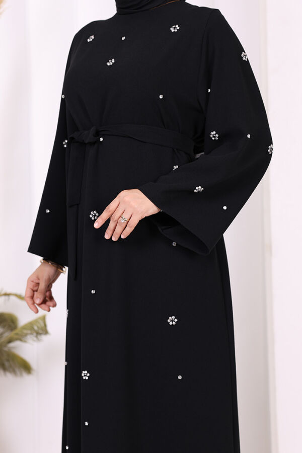 Taş Detaylı Bel Kuşaklı Elbise 3797 Siyah - 4