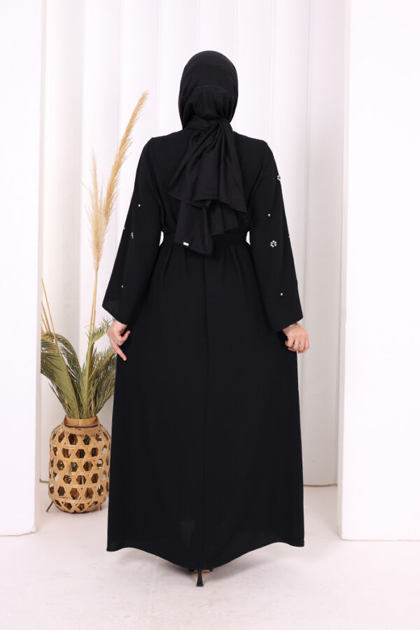Taş Detaylı Bel Kuşaklı Elbise 3797 Siyah - 5