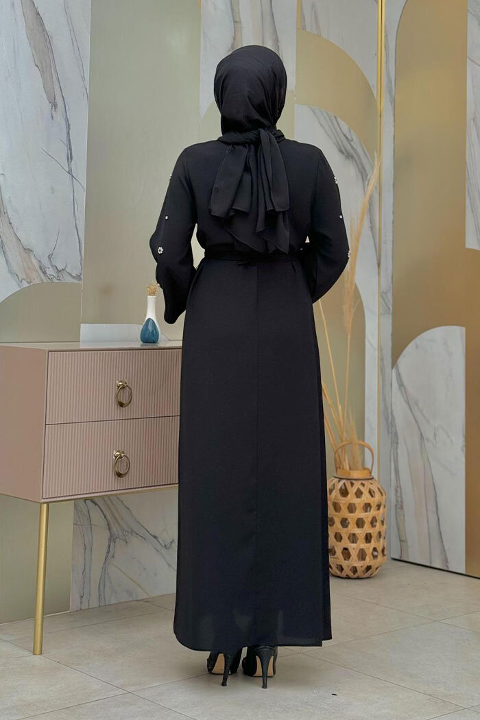 Taş Detaylı Bel Kuşaklı Elbise 3797 Siyah - 7