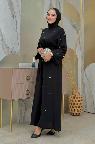 Taş Detaylı Bel Kuşaklı Elbise 3797 Siyah - 8
