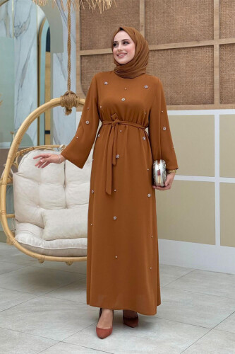 Taş Detaylı Bel Kuşaklı Elbise 3797 Taba 