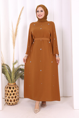 Taş Detaylı Bel Kuşaklı Elbise 3797 Taba 