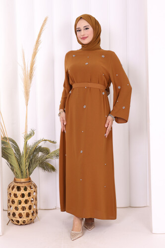 Taş Detaylı Bel Kuşaklı Elbise 3797 Taba - 2