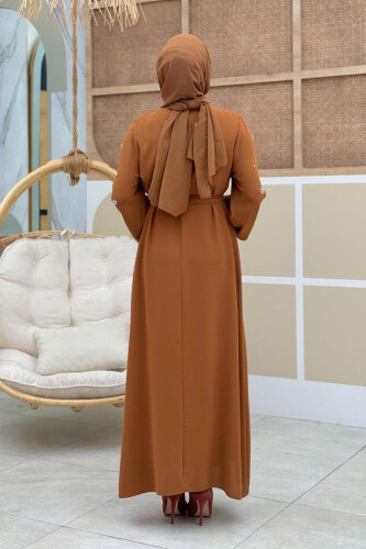 Taş Detaylı Bel Kuşaklı Elbise 3797 Taba - 5