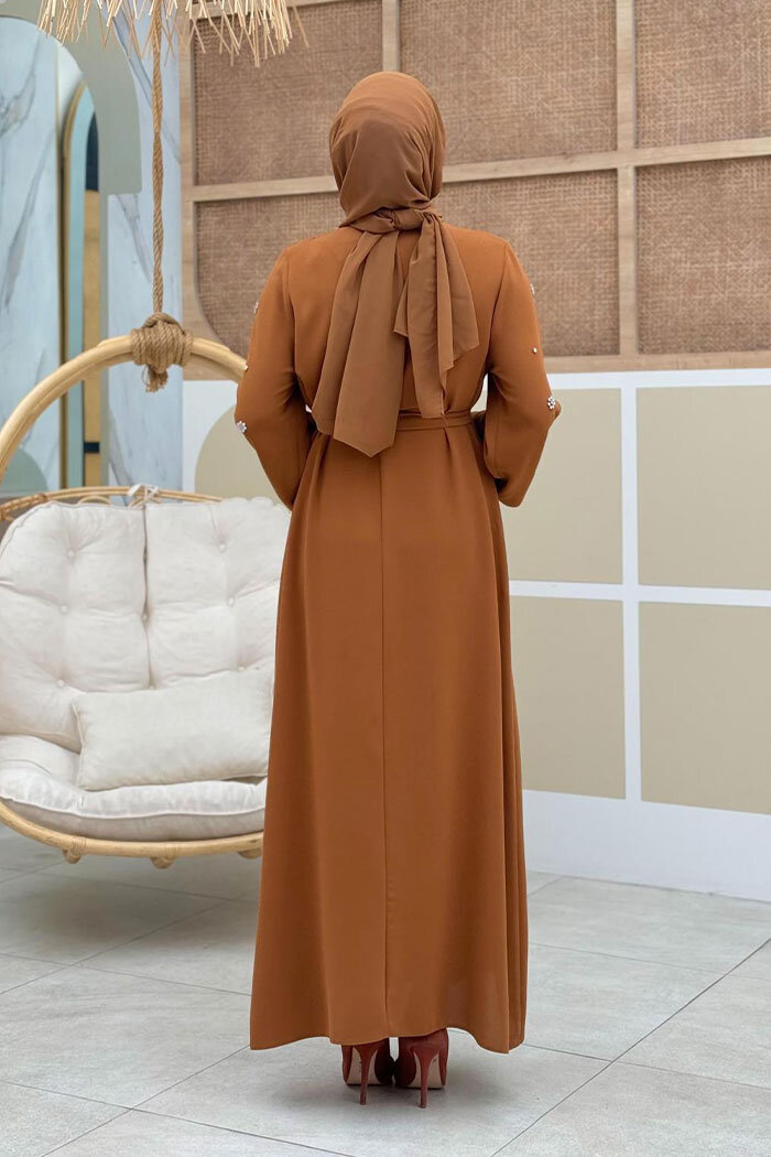 Taş Detaylı Bel Kuşaklı Elbise 3797 Taba - 5