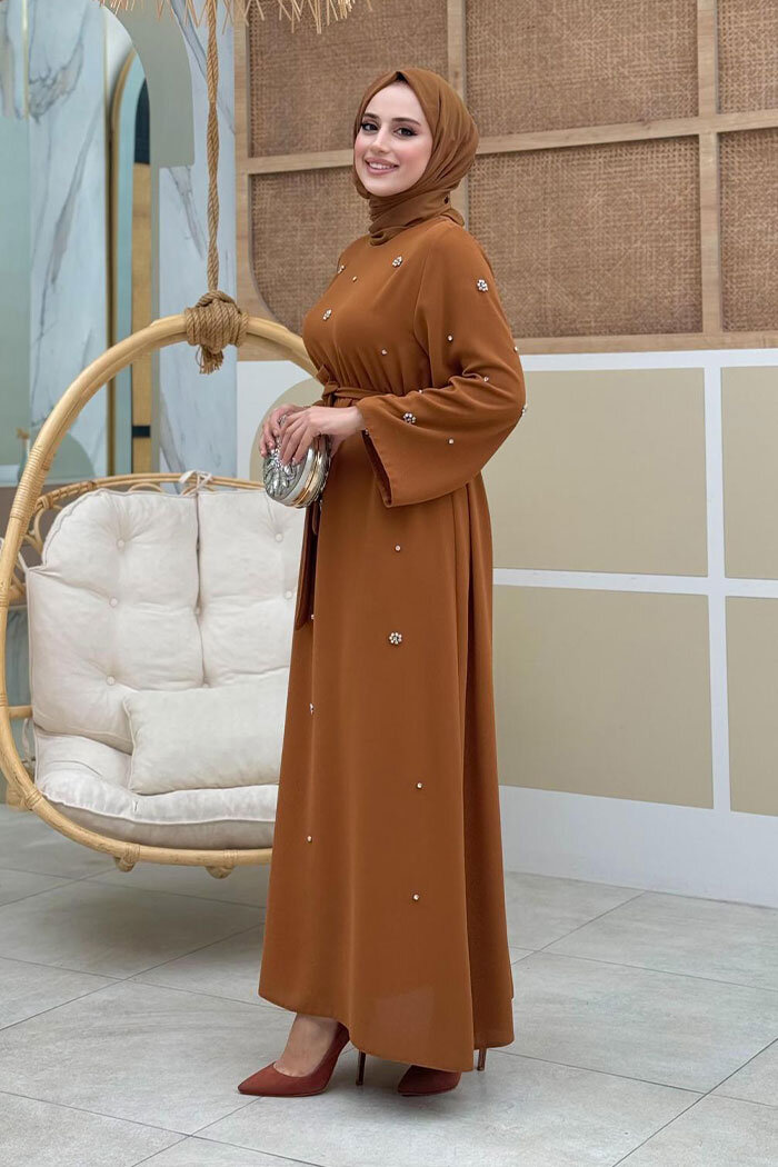 Taş Detaylı Bel Kuşaklı Elbise 3797 Taba - 6