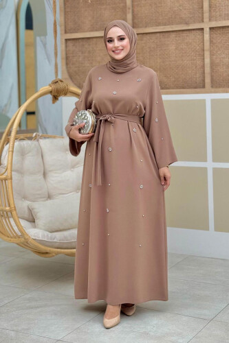 Taş Detaylı Bel Kuşaklı Elbise 3797 Vizon - Bym Fashion