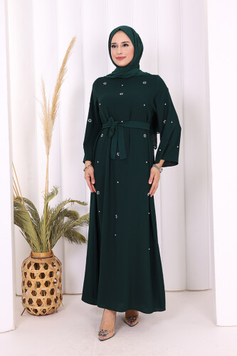 Taş Detaylı Bel Kuşaklı Elbise 3797 Zümrüt - 1