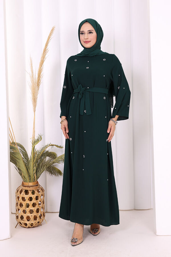 Taş Detaylı Bel Kuşaklı Elbise 3797 Zümrüt - 1