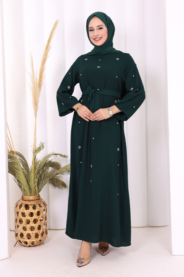 Taş Detaylı Bel Kuşaklı Elbise 3797 Zümrüt - 2