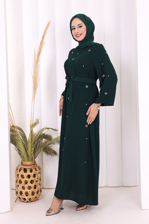 Taş Detaylı Bel Kuşaklı Elbise 3797 Zümrüt - 3