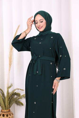 Taş Detaylı Bel Kuşaklı Elbise 3797 Zümrüt - 4