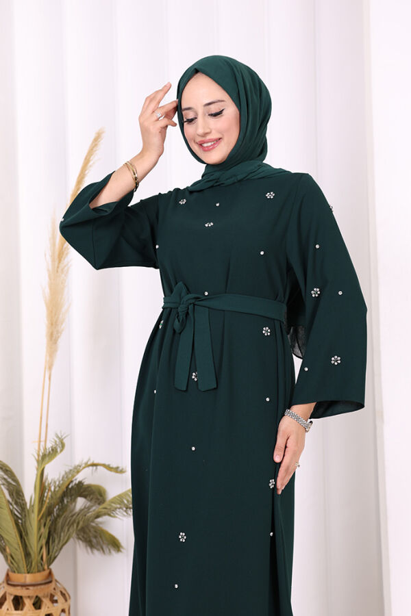 Taş Detaylı Bel Kuşaklı Elbise 3797 Zümrüt - 4