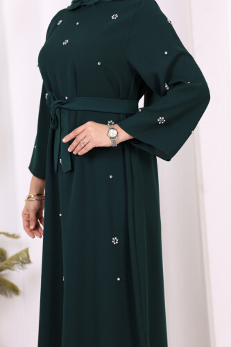 Taş Detaylı Bel Kuşaklı Elbise 3797 Zümrüt - 5