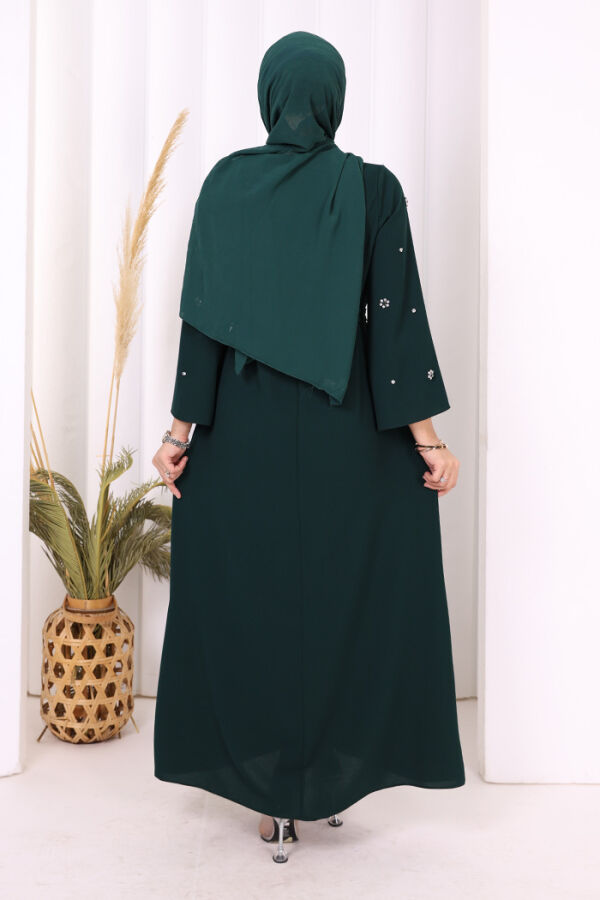 Taş Detaylı Bel Kuşaklı Elbise 3797 Zümrüt - 6