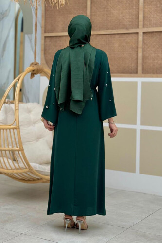 Taş Detaylı Bel Kuşaklı Elbise 3797 Zümrüt - 8