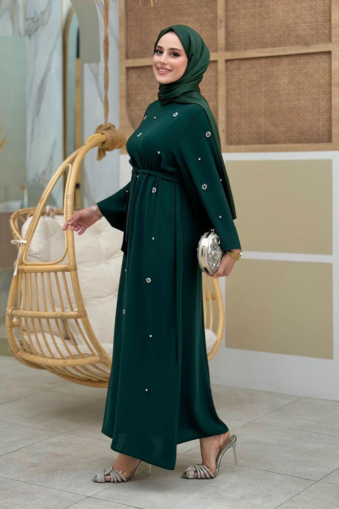 Taş Detaylı Bel Kuşaklı Elbise 3797 Zümrüt - 9