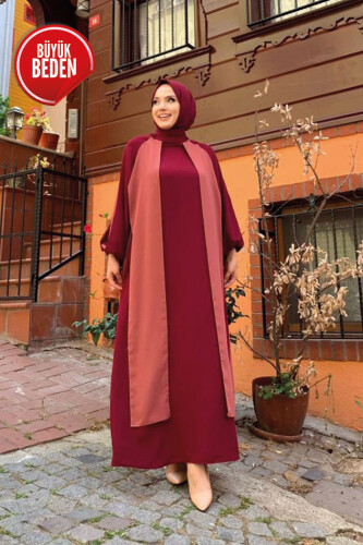 Large Size Two-Color Piece Detail Balloon-Look Dress 3799-1 Dried Rose - 5