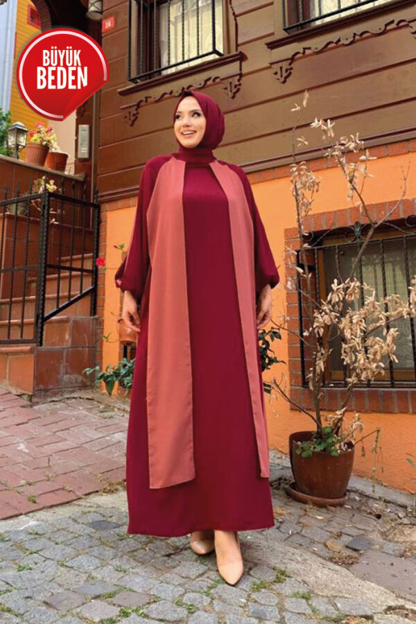 Large Size Two-Color Piece Detail Balloon-Look Dress 3799-1 Dried Rose - 5