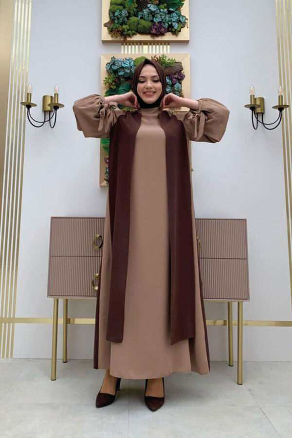 Two-Color Piece Detail Balloon-Look Dress 3799 Brown - 5