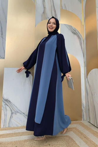Two-Color Piece Detail Balloon-Look Dress 3799 Indigo - 6