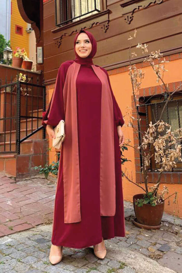 Two-Color Piece Detail Balloon-Look Dress 3799 Dried Rose - 2