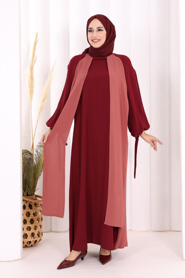 Two-Color Piece Detail Balloon-Look Dress 3799 Dried Rose - 1