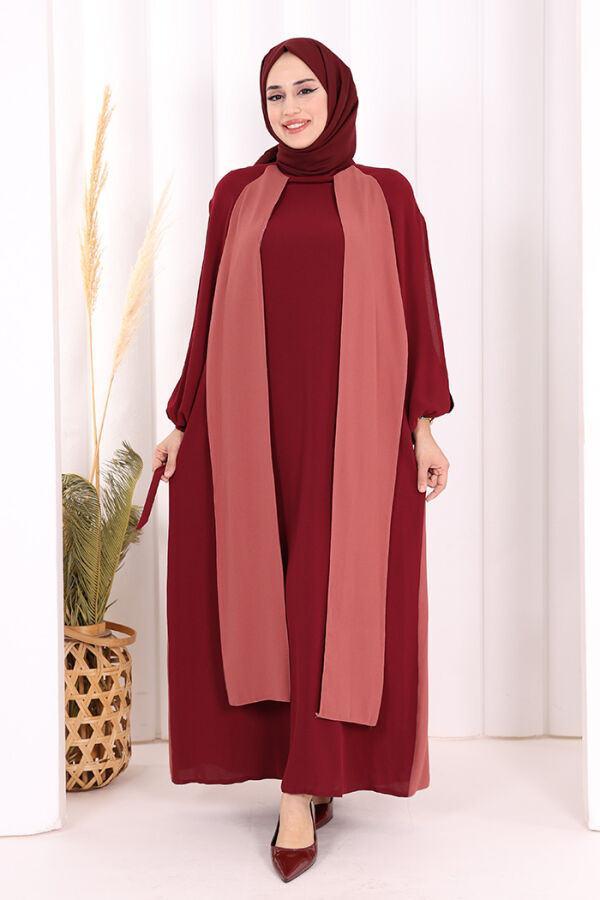 Two-Color Piece Detail Balloon-Look Dress 3799 Dried Rose - 2