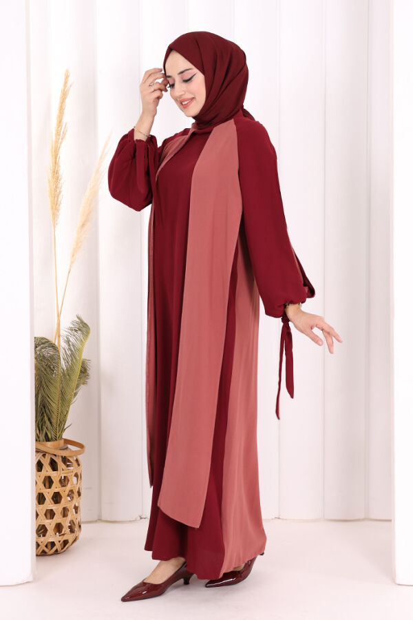 Two-Color Piece Detail Balloon-Look Dress 3799 Dried Rose - 3