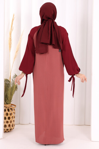 Two-Color Piece Detail Balloon-Look Dress 3799 Dried Rose - 4