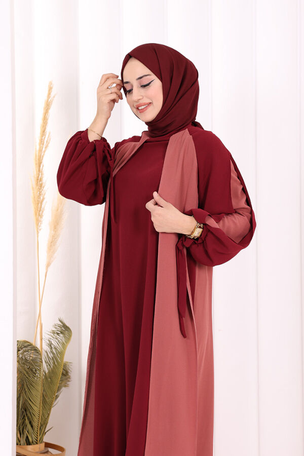 Two-Color Piece Detail Balloon-Look Dress 3799 Dried Rose - 5